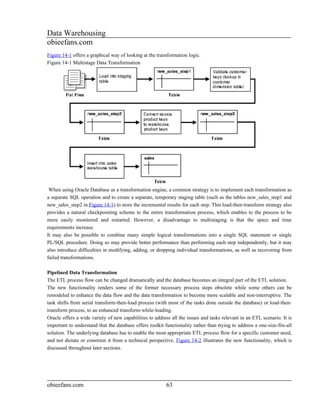 Data Warehousing
obieefans.com
Figure 14-1 offers a graphical way of looking at the transformation logic.
Figure 14-1 Multistage Data Transformation




 When using Oracle Database as a transformation engine, a common strategy is to implement each transformation as
a separate SQL operation and to create a separate, temporary staging table (such as the tables new_sales_step1 and
new_sales_step2 in Figure 14-1) to store the incremental results for each step. This load-then-transform strategy also
provides a natural checkpointing scheme to the entire transformation process, which enables to the process to be
more easily monitored and restarted. However, a disadvantage to multistaging is that the space and time
requirements increase.
It may also be possible to combine many simple logical transformations into a single SQL statement or single
PL/SQL procedure. Doing so may provide better performance than performing each step independently, but it may
also introduce difficulties in modifying, adding, or dropping individual transformations, as well as recovering from
failed transformations.

Pipelined Data Transformation
The ETL process flow can be changed dramatically and the database becomes an integral part of the ETL solution.
The new functionality renders some of the former necessary process steps obsolete while some others can be
remodeled to enhance the data flow and the data transformation to become more scalable and non-interruptive. The
task shifts from serial transform-then-load process (with most of the tasks done outside the database) or load-then-
transform process, to an enhanced transform-while-loading.
Oracle offers a wide variety of new capabilities to address all the issues and tasks relevant in an ETL scenario. It is
important to understand that the database offers toolkit functionality rather than trying to address a one-size-fits-all
solution. The underlying database has to enable the most appropriate ETL process flow for a specific customer need,
and not dictate or constrain it from a technical perspective. Figure 14-2 illustrates the new functionality, which is
discussed throughout later sections.




obieefans.com                                             63
 
