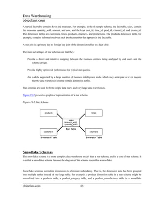 Data Warehousing
obieefans.com
A typical fact table contains keys and measures. For example, in the sh sample schema, the fact table, sales, contain
the measures quantity_sold, amount, and cost, and the keys cust_id, time_id, prod_id, channel_id, and promo_id.
The dimension tables are customers, times, products, channels, and promotions. The products dimension table, for
example, contains information about each product number that appears in the fact table.

A star join is a primary key to foreign key join of the dimension tables to a fact table.

The main advantages of star schemas are that they:

    Provide a direct and intuitive mapping between the business entities being analyzed by end users and the
        schema design.

    Provide highly optimized performance for typical star queries.

    Are widely supported by a large number of business intelligence tools, which may anticipate or even require
        that the data warehouse schema contain dimension tables.

Star schemas are used for both simple data marts and very large data warehouses.

Figure 19-2 presents a graphical representation of a star schema.

Figure 19-2 Star Schema




Snowflake Schemas
The snowflake schema is a more complex data warehouse model than a star schema, and is a type of star schema. It
is called a snowflake schema because the diagram of the schema resembles a snowflake.



Snowflake schemas normalize dimensions to eliminate redundancy. That is, the dimension data has been grouped
into multiple tables instead of one large table. For example, a product dimension table in a star schema might be
normalized into a products table, a product_category table, and a product_manufacturer table in a snowflake


obieefans.com                                              65
 