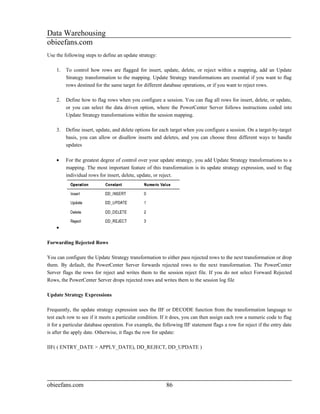 Data Warehousing
obieefans.com
Use the following steps to define an update strategy:

    1.   To control how rows are flagged for insert, update, delete, or reject within a mapping, add an Update
         Strategy transformation to the mapping. Update Strategy transformations are essential if you want to flag
         rows destined for the same target for different database operations, or if you want to reject rows.

    2.   Define how to flag rows when you configure a session. You can flag all rows for insert, delete, or update,
         or you can select the data driven option, where the PowerCenter Server follows instructions coded into
         Update Strategy transformations within the session mapping.

    3.   Define insert, update, and delete options for each target when you configure a session. On a target-by-target
         basis, you can allow or disallow inserts and deletes, and you can choose three different ways to handle
         updates

    •    For the greatest degree of control over your update strategy, you add Update Strategy transformations to a
         mapping. The most important feature of this transformation is its update strategy expression, used to flag
         individual rows for insert, delete, update, or reject.




    •

Forwarding Rejected Rows

You can configure the Update Strategy transformation to either pass rejected rows to the next transformation or drop
them. By default, the PowerCenter Server forwards rejected rows to the next transformation. The PowerCenter
Server flags the rows for reject and writes them to the session reject file. If you do not select Forward Rejected
Rows, the PowerCenter Server drops rejected rows and writes them to the session log file

Update Strategy Expressions

Frequently, the update strategy expression uses the IIF or DECODE function from the transformation language to
test each row to see if it meets a particular condition. If it does, you can then assign each row a numeric code to flag
it for a particular database operation. For example, the following IIF statement flags a row for reject if the entry date
is after the apply date. Otherwise, it flags the row for update:

IIF( ( ENTRY_DATE > APPLY_DATE), DD_REJECT, DD_UPDATE )




obieefans.com                                             86
 