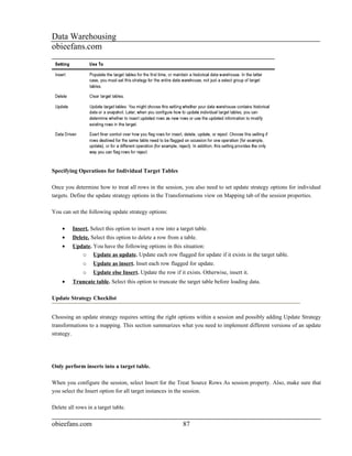 Data Warehousing
obieefans.com




Specifying Operations for Individual Target Tables

Once you determine how to treat all rows in the session, you also need to set update strategy options for individual
targets. Define the update strategy options in the Transformations view on Mapping tab of the session properties.

You can set the following update strategy options:

    •    Insert. Select this option to insert a row into a target table.
    •    Delete. Select this option to delete a row from a table.
    •    Update. You have the following options in this situation:
            o Update as update. Update each row flagged for update if it exists in the target table.
              o    Update as insert. Inset each row flagged for update.
              o    Update else Insert. Update the row if it exists. Otherwise, insert it.
    •    Truncate table. Select this option to truncate the target table before loading data.

Update Strategy Checklist


Choosing an update strategy requires setting the right options within a session and possibly adding Update Strategy
transformations to a mapping. This section summarizes what you need to implement different versions of an update
strategy.




Only perform inserts into a target table.

When you configure the session, select Insert for the Treat Source Rows As session property. Also, make sure that
you select the Insert option for all target instances in the session.

Delete all rows in a target table.

obieefans.com                                               87
 