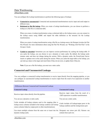 Data Warehousing
obieefans.com
You can configure the Lookup transformation to perform the following types of lookups:

    •    Connected or unconnected. Connected and unconnected transformations receive input and send output in
         different ways.
    •    Relational or flat file lookup. When you create a Lookup transformation, you can choose to perform a
         lookup on a flat file or a relational table.

         When you create a Lookup transformation using a relational table as the lookup source, you can connect to
         the lookup source using ODBC and import the table definition as the structure for the Lookup
         transformation.

         When you create a Lookup transformation using a flat file as a lookup source, the Designer invokes the Flat
         File Wizard. For more information about using the Flat File Wizard, see “Working with Flat Files” in the
         Designer Guide.

    •    Cached or uncached. Sometimes you can improve session performance by caching the lookup table. If
         you cache the lookup, you can choose to use a dynamic or static cache. By default, the lookup cache
         remains static and does not change during the session. With a dynamic cache, the PowerCenter Server
         inserts or updates rows in the cache during the session. When you cache the target table as the lookup, you
         can look up values in the target and insert them if they do not exist, or update them if they do.

         Note: If you use a flat file lookup, you must use a static cache.


Connected and Unconnected Lookups

You can configure a connected Lookup transformation to receive input directly from the mapping pipeline, or you
can configure an unconnected Lookup transformation to receive input from the result of an expression in another
transformation.


. Differences Between Connected and Unconnected Lookups

Connected Lookup                                                        Unconnected Lookup

                                                                        Receives input values from the result of a
Receives input values directly from the pipeline.
                                                                        :LKP expression in another transformation.

You can use a dynamic or static cache.                                  You can use a static cache.

Cache includes all lookup columns used in the mapping (that is,
                                                                  Cache includes all lookup/output ports in the
lookup source columns included in the lookup condition and lookup
                                                                  lookup condition and the lookup/return port.
source columns linked as output ports to other transformations).

Can return multiple columns from the same row or insert into the Designate one return port (R). Returns one
dynamic lookup cache.                                            column from each row.


obieefans.com                                             89
 