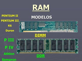 RAM
PENTIUM II
              MODELOS
PENTIUM III
    K6
  Duron
               DIMM
 P III
  P IV
 Athlon
               DDR
Sempron
 