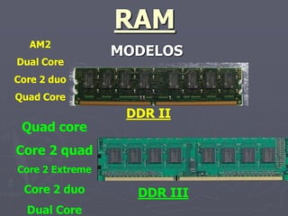RAM
  AM2
                 MODELOS
Dual Core
Core 2 duo
Quad Core
                  DDR II
 Quad core
Core 2 quad
Core 2 Extreme

 Core 2 duo        DDR III
  Dual Core
 