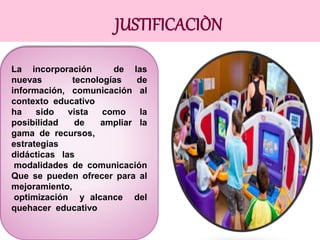 La incorporación de las 
nuevas tecnologías de 
información, comunicación al 
contexto educativo 
ha sido vista como la 
posibilidad de ampliar la 
gama de recursos, 
estrategias 
didácticas las 
modalidades de comunicación 
Que se pueden ofrecer para al 
mejoramiento, 
optimización y alcance del 
quehacer educativo 
 