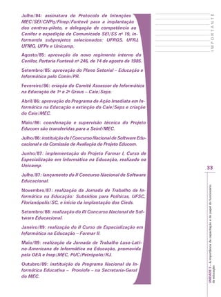 33
I
M
P
O
R
T
A
N
T
E
UNIDADE
3
–
A
importância
da
capacitação
e
do
papel
do
funcionário
da
educação
Julho/84: assinatura do Protocolo de Intenções
MEC/SEI/CNPq/Finep/Funtevê para a implantação
dos centros-piloto, e delegação de competência ao
Cenifor e expedição do Comunicado SEI/SS no
19, in-
formando subprojetos selecionados: UFRGS, UFRJ,
UFMG, UFPe e Unicamp.
Agosto/85: aprovação do novo regimento interno do
Cenifor, Portaria Funtevê no
246, de 14 de agosto de 1985.
Setembro/85: aprovação do Plano Setorial – Educação e
Informática pelo Conin/PR.
Fevereiro/86: criação do Comitê Assessor de Informática
na Educação de 1o
e 2o
Graus – Caie/Seps.
Abril/86: aprovação do Programa de Ação Imediata em In-
formática na Educação e extinção do Caie/Seps e criação
do Caie/MEC.
Maio/86: coordenação e supervisão técnica do Projeto
Educom são transferidas para a Seinf/MEC.
Julho/86: instituição do I Concurso Nacional de Software Edu-
cacional e da Comissão de Avaliação do Projeto Educom.
Junho/87: implementação do Projeto Formar I, Curso de
Especialização em Informática na Educação, realizado na
Unicamp.
Julho/87: lançamento do II Concurso Nacional de Software
Educacional.
Novembro/87: realização da Jornada de Trabalho de In-
formática na Educação: Subsídios para Políticas, UFSC,
Florianópolis/SC, e início da implantação dos Cieds.
Setembro/88: realização do III Concurso Nacional de Sof-
tware Educacional.
Janeiro/89: realização do II Curso de Especialização em
Informática na Educação – Formar II.
Maio/89: realização da Jornada de Trabalho Luso-Lati-
no-Americana de Informática na Educação, promovida
pela OEA e Inep/MEC, PUC/Petrópolis/RJ.
Outubro/89: instituição do Programa Nacional de In-
formática Educativa – Proninfe – na Secretaria-Geral
do MEC.
 