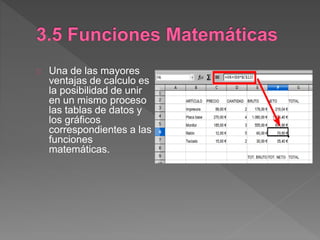 Una de las mayores
ventajas de calculo es
la posibilidad de unir
en un mismo proceso
las tablas de datos y
los gráficos
correspondientes a las
funciones
matemáticas.
 