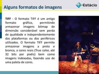 Alguns formatos de imagens 
TIFF-OformatoTIFFéumantigoformatográfico,permitindoarmazenarimagensbitmapdedimensãoconsiderávelsemperdadequalidadeeindependentementedasplataformasoudosperiféricosutilizados.OformatoTIFFpermitearmazenarimagensapretoebranco,acoresreais(Truecolor,até32bitsporpixéis)bemcomoimagensindexadas,fazendousodeumapaletadecores.  