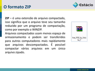 O formato ZIP 
ZIP–éumaextensãodearquivocompactado, issosignificaqueoarquivoteveseutamanhoreduzidoporumprogramadecompactação, comoporexemplooWINZIP. 
Arquivoscompactadosusammenosespaçodearmazenamentoepodemsertransferidosparaoutroscomputadoresmaisrapidamentequearquivosdescompactados.Épossívelcompactarváriosarquivosemumúnicoarquivozipado.  