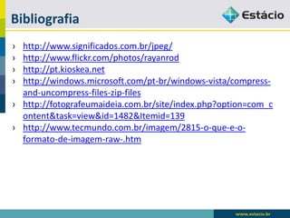 Bibliografia 
›http://www.significados.com.br/jpeg/ 
›http://www.flickr.com/photos/rayanrod 
›http://pt.kioskea.net 
›http://windows.microsoft.com/pt-br/windows-vista/compress- and-uncompress-files-zip-files 
›http://fotografeumaideia.com.br/site/index.php?option=com_content&task=view&id=1482&Itemid=139 
›http://www.tecmundo.com.br/imagem/2815-o-que-e-o- formato-de-imagem-raw-.htm 