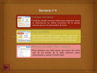 •También puedes insertar tablas para organizar mejor
la información las tablas funcionan de la misma
manera que en un procesador de texto
•seleccionamos el menú insertar y tabla o bien en la
barra de herramientas también hay un botón en la
barra de herramientas para acceder directamente
•Para eliminar una tabla tienes que hacer clic sobre
uno de los bordes de la tabla entonces estará
seleccionada y pulsas el botón Supr.
 