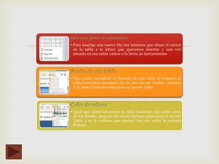 •Para insertar una nueva fila nos tenemos que situar el cursor
en la tabla a la altura que queramos insertar y una vez
situado en esa celda vamos a la barra de herramientas
•Para poder modificar el formato de una tabla lo primero es
seleccionándola haciendo clic en uno de sus bordes. Después
ir al menú Formato selecciona la opción Tabla
•Igual que antes selecciona la tabla haciendo clic sobre unos
de los bordes, después del menú formato selecciona la opción
Tabla y en la ventana que aparece haz clic sobre la pestaña
Relleno.
 