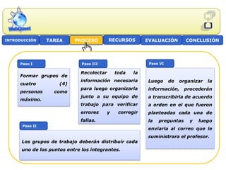 INTRODUCCIÓN    TAREA      PROCESO        RECURSOS        EVALUACIÓN        CONCLUSIÓN




     Paso I                   Paso III                     Paso VI

                             Recolectar       toda   la
     Formar grupos de
                             información necesaria        Luego      de   organizar   la
     cuatro          (4)
                             para luego organizarla       información,     procederán
     personas      como
                             junto a su equipo de         a transcribirla de acuerdo
     máximo.
                             trabajo para verificar       a orden en el que fueron
                             errores      y    corregir   planteadas cada una de
                             fallas.                      la   preguntas      y   luego
      Paso II
                                                          enviarla al correo que le
                                                          suministrara el profesor.
      Los grupos de trabajo deberán distribuir cada
      uno de los puntos entre los integrantes.
 