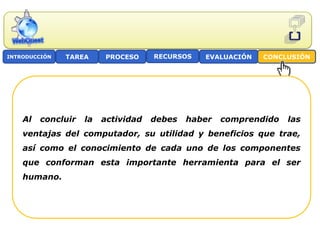 INTRODUCCIÓN   TAREA     PROCESO     RECURSOS   EVALUACIÓN   CONCLUSIÓN




    Al   concluir   la   actividad   debes   haber   comprendido   las
    ventajas del computador, su utilidad y beneficios que trae,
    así como el conocimiento de cada uno de los componentes
    que conforman esta importante herramienta para el ser
    humano.
 