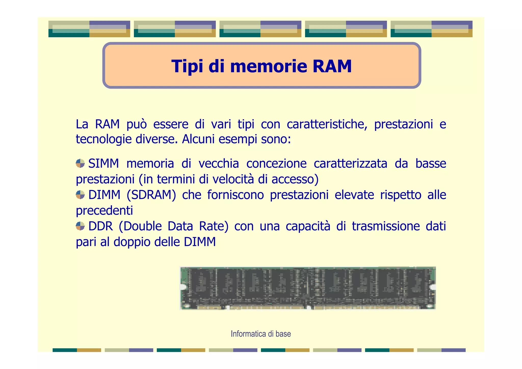 Tipi di memorie RAM


La RAM può essere di vari tipi con caratteristiche, prestazioni e
tecnologie diverse. Alcuni esempi sono:
  SIMM memoria di vecchia concezione caratterizzata da basse
prestazioni (in termini di velocità di accesso)
  DIMM (SDRAM) che forniscono prestazioni elevate rispetto alle
precedenti
  DDR (Double Data Rate) con una capacità di trasmissione dati
pari al doppio delle DIMM




                           Informatica di base
 