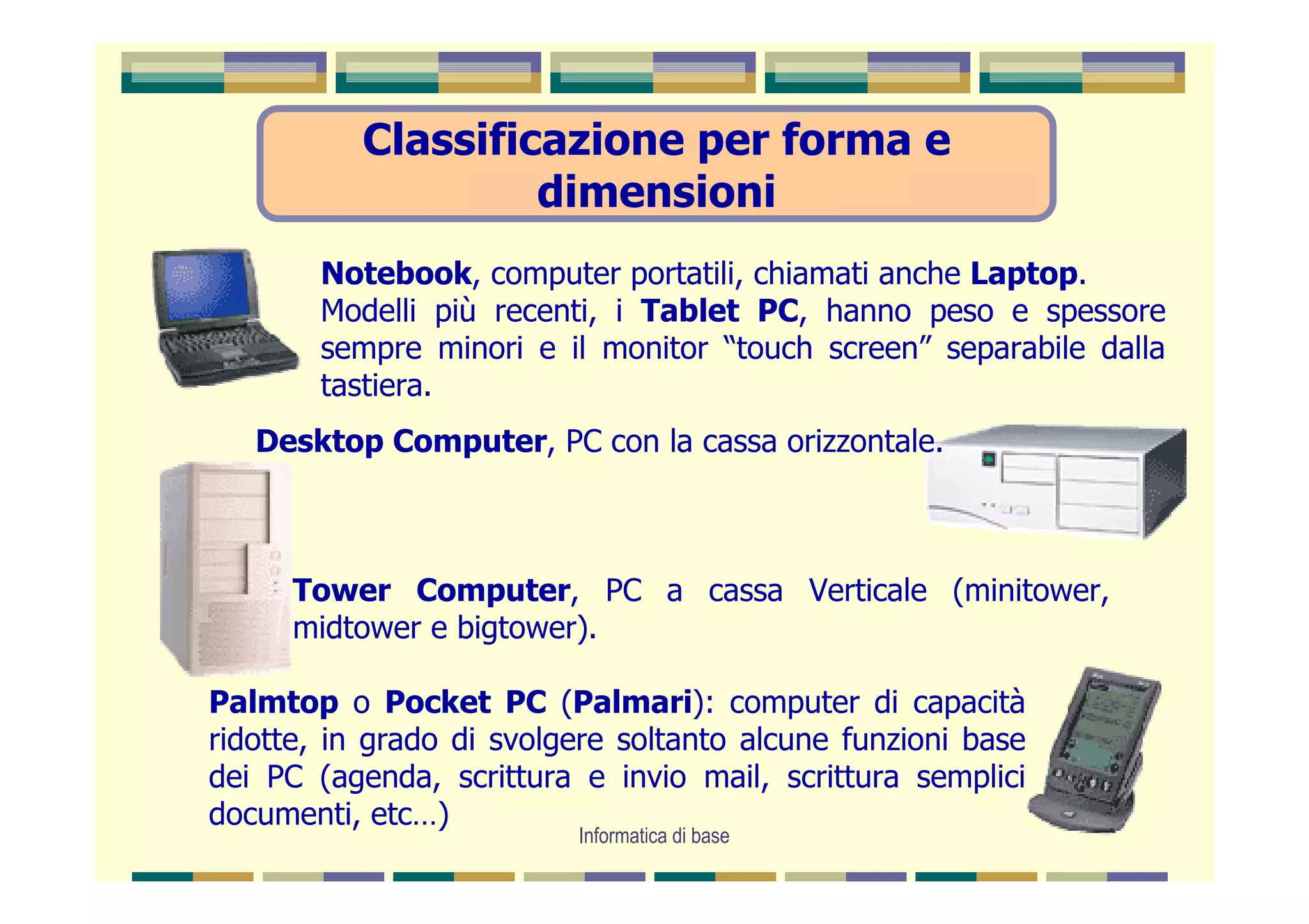 Classificazione per forma e
                    dimensioni
        Notebook, computer portatili, chiamati anche Laptop.
        Modelli più recenti, i Tablet PC, hanno peso e spessore
        sempre minori e il monitor “touch screen” separabile dalla
        tastiera.
   Desktop Computer, PC con la cassa orizzontale.



      Tower Computer, PC a cassa Verticale (minitower,
      midtower e bigtower).

Palmtop o Pocket PC (Palmari): computer di capacità
ridotte, in grado di svolgere soltanto alcune funzioni base
dei PC (agenda, scrittura e invio mail, scrittura semplici
documenti, etc…)
                          Informatica di base
 