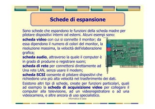 Schede di espansione

Sono schede che espandono le funzioni della scheda madre per
pilotare dispositivi interni od esterni. Alcuni esempi sono:
scheda video con cui si connette il monitor; da
essa dipendono il numero di colori del monitor, la
risoluzione massima, la velocità dell’elaborazione
grafica;
scheda audio, attraverso la quale il computer è
in grado di produrre o registrare suoni;
scheda di rete per connettersi direttamente ad
Una rete LAN, senza usare il modem;
scheda SCSI consente di pilotare dispositivi che
richiedono una più alta velocità nel trasferimento dei dati.
Esistono altri tipi di schede, create per funzioni particolari, quali
ad esempio la scheda di acquisizione video per collegare il
computer alla televisione, ad un videoregistratore o ad una
videocamera, e altre ancora di uso specialistico.
                             Informatica di base
 