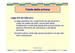 Tutela della privacy


Legge 675 del 1996 art.1:
   La legge garantisce che il trattamento dei dati personali si
     svolga nel rispetto dei diritti, nonché delle libertà
     fondamentali, nonché della dignità delle persone fisiche, con
     particola riferimento alla riservatezza e alla dignità
     personale.
   Garantisce altresì i diritti delle persone giuridiche e di ogni altro
     ente o associazione.




                             Informatica di base
 