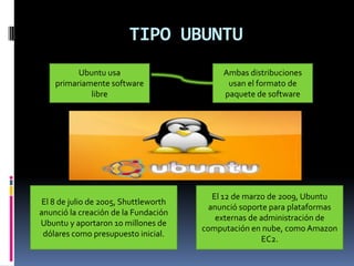 TIPO UBUNTU
Ubuntu usa
primariamente software
libre
Ambas distribuciones
usan el formato de
paquete de software
El 8 de julio de 2005, Shuttleworth
anunció la creación de la Fundación
Ubuntu y aportaron 10 millones de
dólares como presupuesto inicial.
El 12 de marzo de 2009, Ubuntu
anunció soporte para plataformas
externas de administración de
computación en nube, como Amazon
EC2.
 