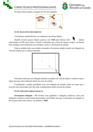 CURSO TÉCNICO PROFISSIONALIZANTE
Na figura abaixo apenas a imagem do CD será ampliada:

13.12. SELECIONANDO OBJETOS
A ferramenta seleção F1 deve ser usada para selecionar objetos:
Quando existem poucos objetos pode-se usar TAB para alternar entre
objetos
selecionados ou ESC para retirar a seleção. Lembrando que a barra de espaços sempre vai alternar
entre qualquer outra ferramenta, por exemplo, círculo e a ferramenta de seleção.
Pode-se também fazer uma seleção arrastando a ferramenta seleção criando um retângulo em
volta dos objetos que se deseja selecionar:

Você pode selecionar um retângulo abrindo um quadro em volta de objetos. Lembre-se que o
objeto tem que estar totalmente dentro da caixa de seleção.
Considerando o quadro pontilhado como um retângulo de seleção, tenha em mente que a
casa não será selecionada, pois não estão completamente dentro da área de seleção.

13.13. CRIANDO FORMAS BÁSICAS
Ferramenta retângulo – F4: Permite criar quadrados e retângulos simétricos. Para criar
retângulos simétricos, basta manter pressionada a tecla Ctrl e para que a construção do retângulo se
dê no ponto onde está o mouse, use também o Shift.

ESCOLA ESTADUAL DE EDUCAÇÃO PROFISSIONAL | INFORMÁTICA BÁSICA

 
