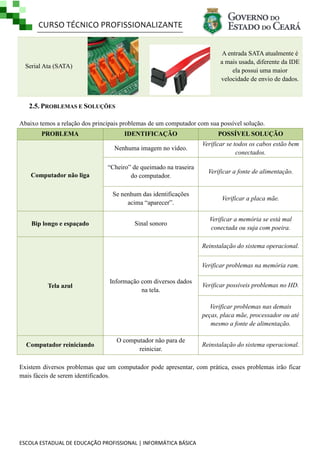 CURSO TÉCNICO PROFISSIONALIZANTE
A entrada SATA atualmente é
a mais usada, diferente da IDE
ela possui uma maior
velocidade de envio de dados.

Serial Ata (SATA)

2.5. PROBLEMAS E SOLUÇÕES
Abaixo temos a relação dos principais problemas de um computador com sua possível solução.
PROBLEMA

Verificar se todos os cabos estão bem
conectados.

―Cheiro‖ de queimado na traseira
do computador.

Verificar a fonte de alimentação.

Se nenhum das identificações
acima ―aparecer‖.
Bip longo e espaçado

POSSÍVEL SOLUÇÃO

Nenhuma imagem no vídeo.

Computador não liga

IDENTIFICAÇÃO

Verificar a placa mãe.

Sinal sonoro

Verificar a memória se está mal
conectada ou suja com poeira.
Reinstalação do sistema operacional.
Verificar problemas na memória ram.

Tela azul

Informação com diversos dados
na tela.

Verificar possíveis problemas no HD.
Verificar problemas nas demais
peças, placa mãe, processador ou até
mesmo a fonte de alimentação.

Computador reiniciando

O computador não para de
reiniciar.

Reinstalação do sistema operacional.

Existem diversos problemas que um computador pode apresentar, com prática, esses problemas irão ficar
mais fáceis de serem identificados.

ESCOLA ESTADUAL DE EDUCAÇÃO PROFISSIONAL | INFORMÁTICA BÁSICA

 