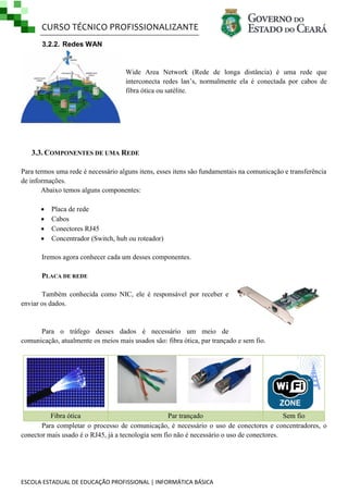 CURSO TÉCNICO PROFISSIONALIZANTE
3.2.2. Redes WAN

Wide Area Network (Rede de longa distância) é uma rede que
interconecta redes lan’s, normalmente ela é conectada por cabos de
fibra ótica ou satélite.

3.3. COMPONENTES DE UMA REDE
Para termos uma rede é necessário alguns itens, esses itens são fundamentais na comunicação e transferência
de informações.
Abaixo temos alguns componentes:





Placa de rede
Cabos
Conectores RJ45
Concentrador (Switch, hub ou roteador)

Iremos agora conhecer cada um desses componentes.
PLACA DE REDE
Também conhecida como NIC, ele é responsável por receber e
enviar os dados.

Para o tráfego desses dados é necessário um meio de
comunicação, atualmente os meios mais usados são: fibra ótica, par trançado e sem fio.

Fibra ótica
Par trançado
Sem fio
Para completar o processo de comunicação, é necessário o uso de conectores e concentradores, o
conector mais usado é o RJ45, já a tecnologia sem fio não é necessário o uso de conectores.

ESCOLA ESTADUAL DE EDUCAÇÃO PROFISSIONAL | INFORMÁTICA BÁSICA

 