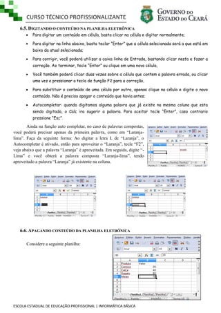 CURSO TÉCNICO PROFISSIONALIZANTE
6.5. DIGITANDO O CONTEÚDO NA PLANILHA ELETRÔNICA


Para digitar um conteúdo em célula, basta clicar na célula e digitar normalmente;



Para digitar na linha abaixo, basta teclar “Enter” que a célula selecionada será a que está em
baixo da atual selecionada;



Para corrigir, você poderá utilizar a caixa linha de Entrada, bastando clicar nesta e fazer a
correção. Ao terminar, tecle “Enter” ou clique em uma nova célula,



Você também poderá clicar duas vezes sobre a célula que contem a palavra errada, ou clicar
uma vez e pressionar a tecla de função F2 para a correção.



Para substituir o conteúdo de uma célula por outro, apenas clique na célula e digite o novo
conteúdo. Não é preciso apagar o conteúdo que havia antes;



Autocompletar: quando digitamos alguma palavra que já existe na mesma coluna que esta
sendo digitada, o Calc ira sugerir a palavra. Para aceitar tecle “Enter”, caso contrario
pressione “Esc”.

Ainda na função auto completar, no caso de palavras compostas,
você poderá precisar apenas da primeira palavra, como em ―Laranjalima‖. Faça da seguinte forma: Ao digitar a letra L de ―Laranja‖, o
Autocompletar é ativado, então para aproveitar o ―Laranja‖, tecle ―F2‖,
veja abaixo que a palavra ―Laranja‖ é aproveitada. Em seguida, digite ―Lima‖ e você obterá a palavra composta ―Laranja-lima‖, tendo
aproveitado a palavra ―Laranja‖ já existente na coluna.

6.6. APAGANDO CONTEÚDO DA PLANILHA ELETRÔNICA
Considere a seguinte planilha:

ESCOLA ESTADUAL DE EDUCAÇÃO PROFISSIONAL | INFORMÁTICA BÁSICA

 