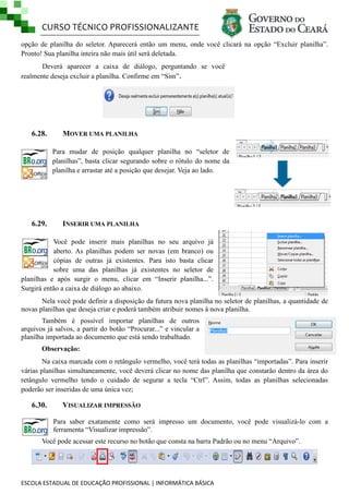 CURSO TÉCNICO PROFISSIONALIZANTE
opção de planilha do seletor. Aparecerá então um menu, onde você clicará na opção ―Excluir planilha‖.
Pronto! Sua planilha inteira não mais útil será deletada.
Deverá aparecer a caixa de diálogo, perguntando se você
realmente deseja excluir a planilha. Confirme em ―Sim‖.

6.28.

MOVER UMA PLANILHA
Para mudar de posição qualquer planilha no ―seletor de
planilhas‖, basta clicar segurando sobre o rótulo do nome da
planilha e arrastar até a posição que desejar. Veja ao lado.

6.29.

INSERIR UMA PLANILHA

Você pode inserir mais planilhas no seu arquivo já
aberto. As planilhas podem ser novas (em branco) ou
cópias de outras já existentes. Para isto basta clicar
sobre uma das planilhas já existentes no seletor de
planilhas e após surgir o menu, clicar em ―Inserir planilha...‖.
Surgirá então a caixa de diálogo ao abaixo.
Nela você pode definir a disposição da futura nova planilha no seletor de planilhas, a quantidade de
novas planilhas que deseja criar e poderá também atribuir nomes à nova planilha.
Também é possível importar planilhas de outros
arquivos já salvos, a partir do botão ―Procurar...‖ e vincular a
planilha importada ao documento que está sendo trabalhado.
Observação:
Na caixa marcada com o retângulo vermelho, você terá todas as planilhas ―importadas‖. Para inserir
várias planilhas simultaneamente, você deverá clicar no nome das planilha que constarão dentro da área do
retângulo vermelho tendo o cuidado de segurar a tecla ―Ctrl‖. Assim, todas as planilhas selecionadas
poderão ser inseridas de uma única vez;

6.30.

VISUALIZAR IMPRESSÃO
Para saber exatamente como será impresso um documento, você pode visualizá-lo com a
ferramenta ―Visualizar impressão‖.

Você pode acessar este recurso no botão que consta na barra Padrão ou no menu ―Arquivo‖.

ESCOLA ESTADUAL DE EDUCAÇÃO PROFISSIONAL | INFORMÁTICA BÁSICA

 