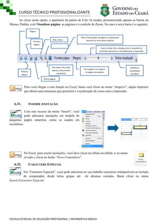 CURSO TÉCNICO PROFISSIONALIZANTE
Ao clicar nesta opção, a aparência da janela do Calc irá mudar, permanecendo apenas as barras de
Menus, Padrão, a de Visualizar página, as páginas e o controle de Zoom. No caso a nova barra é a seguinte:
Página
anterior
Primeira
página

Próxima
página

Mais Zoom

Abre o formatador de página, já totalmente
descrito no início deste capítulo

Menos Zoom

Tela inteira: faz surgir
apenas o documento
visualizável

Fator e Escala: faz a relação entre o tamanho do
conteúdo impresso e o resultado após a impressão

Faz surgirem as margens
na página visualizada

Desativa a
visualização
da página

Última página

Para você chegar a esta função no Excel, basta você clicar no menu ―Arquivo‖, opção imprimir
que abrirá uma miniatura que permitirá a vizualização de como será a impressão.

6.31.

INSERIR ANOTAÇÃO

Com este recurso do menu ―Inserir‖, você
pode adicionar anotações em modelo de
pequenos papéis amarelos, como os usados em
escritórios.

No Excel, para inserir anotações, você deve clicar na célula escolhida, ir ao menu
revisão e clicar no botão ―Novo Comentário‖.

6.32.

CARACTERE ESPECIAL

Em ―Caractere Especial‖, você pode adicionar ao seu trabalho caracteres indisponíveis no teclado
do computador, desde letras gregas até de idiomas variados. Basta clicar no menu
Inserir/Caractere Especial.

ESCOLA ESTADUAL DE EDUCAÇÃO PROFISSIONAL | INFORMÁTICA BÁSICA

 
