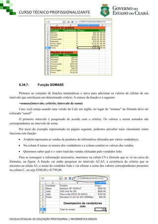 CURSO TÉCNICO PROFISSIONALIZANTE

6.34.7.

Função SOMASE

Pertence ao conjunto de funções matemáticas e serve para adicionar os valores de células de um
intervalo que satisfaçam um determinado critério. A sintaxe da função é a seguinte:
=somase(intervalo; critério; intervalo de soma)
Caso você esteja usando uma versão do Calc em inglês, no lugar de ―somase‖ na fórmula deve ser
colocado ―sumif‖
O primeiro intervalo é pesquisado de acordo com o critério. Os valores a serem somados são
correspondentes ao intervalo de soma.
Por meio do exemplo representado na página seguinte, podemos perceber mais claramente como
funciona esta função:


A tabela representa as vendas de produtos de informática efetuados por vários vendedores;



Na coluna A temos os nomes dos vendedores e a coluna contém os valores das vendas;



Queremos saber qual é o valor total das vendas efetuadas pelo vendedor João.

Para se conseguir a informação necessária, inserimos na célula C9 a fórmula que se vê na caixa de
fórmulas, na figura. A função vai então pesquisar no intervalo A2:A5, a ocorrência do critério que se
encontra na célula A3, o nome do vendedor João e vai efetuar a soma dos valores correspondentes presentes
na coluna C, ou seja $380,00 e $1799,00.

ESCOLA ESTADUAL DE EDUCAÇÃO PROFISSIONAL | INFORMÁTICA BÁSICA

 
