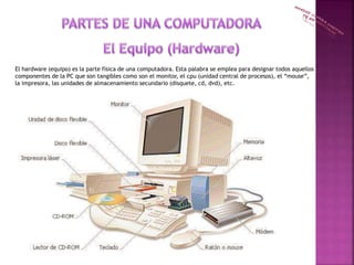 El hardware (equipo) es la parte física de una computadora. Esta palabra se emplea para designar todos aquellos
componentes de la PC que son tangibles como son el monitor, el cpu (unidad central de procesos), el “mouse”,
la impresora, las unidades de almacenamiento secundario (disquete, cd, dvd), etc.
 