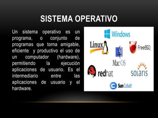SISTEMA OPERATIVO
Un sistema operativo es un
programa, o conjunto de
programas que torna amigable,
eficiente y productivo el uso de
un computador (hardware),
permitiendo la ejecución
aplicaciones de usuario. Es el
intermediario entre las
aplicaciones de usuario y el
hardware.
 