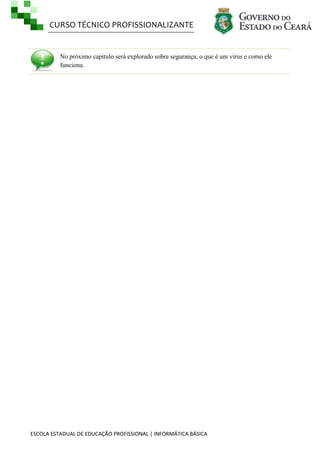 CURSO TÉCNICO PROFISSIONALIZANTE
ESCOLA ESTADUAL DE EDUCAÇÃO PROFISSIONAL | INFORMÁTICA BÁSICA
No próximo capítulo será explorado sobre segurança, o que é um vírus e como ele
funciona.
 