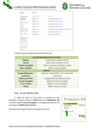 CURSO TÉCNICO PROFISSIONALIZANTE
ESCOLA ESTADUAL DE EDUCAÇÃO PROFISSIONAL | INFORMÁTICA BÁSICA
Conheça algumas opções da administração do site.
ATIVIDADE RECENTE NO SITE
Páginas Exibe todas as páginas do site
Anexos Exibe todos os anexos do site
Modelos de página Exibe os modelos de páginas criadas
Itens excluidos Exibe os itens excluidos
GERAL
Compartilhamento e
permissões
Opção de compartilhar o site com pessoas
especificas
Endereço da Web Configurações do endereço do site
Layout da página Edição de ajustes da página
Cores e fontes Edição de cores da página
Temas Mude o tema do seu site
13.6. LAYOUT DO SEU SITE
A opção de layout do site pode ser acessado por dois
caminhos, o primeiro clique em Mais depois em Administrar site
e escolha a opção Layout da página ou na página principal do seu
site clique em Editar barra lateral.
Será aberta uma página de layout da página ou do site.
 