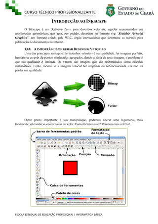 CURSO TÉCNICO PROFISSIONALIZANTE
ESCOLA ESTADUAL DE EDUCAÇÃO PROFISSIONAL | INFORMÁTICA BÁSICA
INTRODUÇÃO AO INKSCAPE
O Inkscape é um Software Livre para desenhos vetoriais, aqueles representados por
coordenadas geométricas, que gera, por padrão, desenhos no formato svg ―Scalable Vectorial
Graphics‖, um formato criado pela W3C, órgão internacional que determina as normas para
publicação de documentos na Internet.
13.8. A IMPORTÂNCIA DE GERAR DESENHOS VETORIAIS
Uma das principais vantagens de desenhos vetoriais é sua qualidade. As imagens por bits,
baseiam-se através de pontos minúsculos agrupados, dando a ideia de uma imagem, o problema é
que sua qualidade é limitada. Os vetores são imagens que são referenciados como cálculos
matemáticos. Então, mesmo se a imagem vetorial for ampliada ou redimensionada, ela não irá
perder sua qualidade.
Bitmap
Vector
Outro ponto importante é sua manipulação, podemos alterar uma logomarca mais
facilmente, alterando as coordenadas do vetor. Como faremos isso? Veremos mais a frente.
 