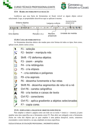 CURSO TÉCNICO PROFISSIONALIZANTE
ESCOLA ESTADUAL DE EDUCAÇÃO PROFISSIONAL | INFORMÁTICA BÁSICA
13.9. BARRA DE FERRAMENTAS SELEÇÃO
Lembre-se que essa barra de ferramentas só ficará visível se algum objeto estiver
selecionado. Logo, as propriedades descritivas aqui se aplicam à mesma.
13.10. CAIXA DE FERRAMENTAS
As ferramentas descritas abaixo são usadas para criar formas de todos os tipos, bem como,
aplicar zoom, dentre outras coisas.
13.11. AMPLIANDO A IMAGEM OU OBJETOS ESPECÍFICOS
Para ampliar e reduzir a página como um todo use as teclas + (mais) e – (menos), já para
ampliar uma área específica use a ferramenta zoom F3. Para abrir um retângulo com a ferramenta
Zoom em volta dos objetos que se quer ampliar é uma prática desejável, assim, estaremos
executando o zoom interativo, ou seja, ampliado em áreas específicas.
 