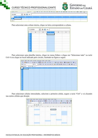 CURSO TÉCNICO PROFISSIONALIZANTE
ESCOLA ESTADUAL DE EDUCAÇÃO PROFISSIONAL | INFORMÁTICA BÁSICA
Para selecionar uma coluna inteira, clique na letra correspondente a coluna.
Para selecionar uma planilha inteira, clique no menu Editar e clique em ―Selecionar tudo‖ ou tecle
Ctrl+A ou clique no local indicado pelo circulo, ilustrado na figura a seguir.
Para selecionar células intercaladas, selecione a primeira célula, segure a tecla ―Ctrl‖ e vá clicando
nas outras células que desejar.
 