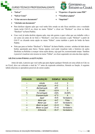 CURSO TÉCNICO PROFISSIONALIZANTE
ESCOLA ESTADUAL DE EDUCAÇÃO PROFISSIONAL | INFORMÁTICA BÁSICA P á g i n a | 63
 “Salvar”
 “Salvar Como”
 “Criar um novo documento”
 “Abrindo um documento”
 “Exportar e Exportar como PDF”
 “Visualizar página”
 “Imprimir”
 Para desfazer alguma ação que você tenha feito errada ou não ficou satisfeito com o resultado
,basta teclar Ctrl+Z ou clicar no menu ―Editar‖ e clicar em ―Desfazer‖ ou clicar no botão
―Desfazer‖ na barra Padrão;
 Caso você já tenha desfeito alguma ação, mas não gostou e quer voltar que seu trabalho volte a
ser como era antes de ter feito o ―Desfazer‖, você deve executar a ação ―Refazer‖ a partir de
Ctrl+Y ou clicando nesta opção no menu ―Editar‖, como também a partir do botão da barra
Padrão.
 Note que para os botões ―Desfazer‖ e ―Refazer‖ da barra Padrão, existem setinhas do lado destes
botões apontando para baixo. Nestas opções você pode visualizar todo o histórico de ações
Desfeitas ou Refeitas e avançar várias ações destas, seja qual for, economizando tempo. Também
é possível visualizar este recurso no menu ―Editar‖, ao clicar segurando em uma das duas opções;
6.8. INICIANDO FÓRMULAS & FUNÇÕES
Antes de tudo, é preciso que você saiba que para digitar qualquer fórmula em uma célula no Calc ou
no Excel, deve ser colocado o sinal de ―=‖ antes da expressão aritmética, fórmula ou função. A seguinte
tabela relaciona os operadores possíveis de serem usados.
OPERADOR DESCRIÇÃO EXEMPLO RESULTADO
+ Adição =1+2 3
- Subtração =4-3 1
* Multiplicação =8*1 8
/ Divisão =12/4 3
% Porcentagem =26% 26.00%
^ Exponenciação =2^3 8
= Igual =5=5 Verdadeiro
> Maior que =6>7 Falso
< Menor que =6<7 Verdadeiro
>= Maior ou igual =3>=4 Falso
<= Menor ou igual =7<=8 Verdadeiro
<> Diferente =5<>7 Verdadeiro
 