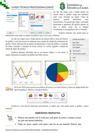 CURSO TÉCNICO PROFISSIONALIZANTE
ESCOLA ESTADUAL DE EDUCAÇÃO PROFISSIONAL | INFORMÁTICA BÁSICA
Ao dar um clique com o botão direito do
mouse sobre o gráfico surge um submenu
onde você clicando na opção ―Tipo de
gráfico‖, poderá determinar essa
característica. No painel que surge, você pode
determinar a aparência do gráfico quanto ao
tipo, à forma como ele se disporá
visualmente, a sua aparência 3D e o formato.
Explore bastante este painel para se
familiarizar com todas as opções de gráficos que o Calc tem a oferecer.
Ao dar um clique com o botão direito do mouse sobre a área em branco
do gráfico, você terá acesso ao submenu com opções de edição dos elementos do
gráfico. Neste submenu há as opções de edição para a Área do gráfico, a inserção
de título, inserção e remoção de eixos, incluir ou excluir legenda e edição da
tabela de dados do gráfico.
Gráficos bastante utilizados são os em barras, linhas e o em pizza. A
seguir, ilustramos exemplos de gráficos de linha e pizza.
No Excel 2010, para acessar aos gráficos devemos ir ao menu Inserir e clicar em algum botão dos
tipos de gráficos. Observe a imagem abaixo:
Lembre-se você deverá selecionar previamente os dados que você queira gerar o gráfico, vamos
praticar?
EXERCÍCIOS PROPOSTOS
 Elabore uma planilha com 5 coisas que você gosta de comer e coloque o preço
de cada uma destes elementos.
 Pense um pouco, quanto você gasta cada dia da sua semana? Elabore uma
 