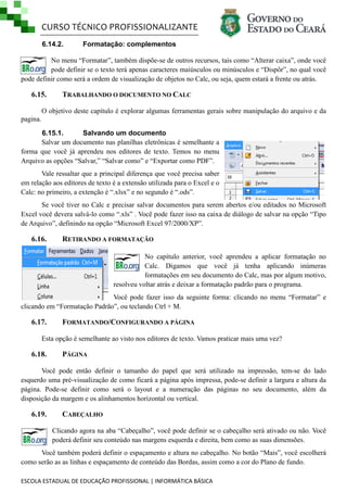 CURSO TÉCNICO PROFISSIONALIZANTE
ESCOLA ESTADUAL DE EDUCAÇÃO PROFISSIONAL | INFORMÁTICA BÁSICA
6.14.2. Formatação: complementos
No menu ―Formatar‖, também dispõe-se de outros recursos, tais como ―Alterar caixa‖, onde você
pode definir se o texto terá apenas caracteres maiúsculos ou minúsculos e ―Dispôr‖, no qual você
pode definir como será a ordem de visualização de objetos no Calc, ou seja, quem estará a frente ou atrás.
6.15. TRABALHANDO O DOCUMENTO NO CALC
O objetivo deste capítulo é explorar algumas ferramentas gerais sobre manipulação do arquivo e da
pagina.
6.15.1. Salvando um documento
Salvar um documento nas planilhas eletrônicas é semelhante a
forma que você já aprendeu nos editores de texto. Temos no menu
Arquivo as opções ―Salvar,‖ ―Salvar como‖ e ―Exportar como PDF‖.
Vale ressaltar que a principal diferença que você precisa saber
em relação aos editores de texto é a extensão utilizada para o Excel e o
Calc: no primeiro, a extenção é ―.xlsx‖ e no segundo é ―.ods‖.
Se você tiver no Calc e precisar salvar documentos para serem abertos e/ou editados no Microsoft
Excel você devera salvá-lo como ―.xls‖ . Você pode fazer isso na caixa de diálogo de salvar na opção ―Tipo
de Arquivo‖, definindo na opção ―Microsoft Excel 97/2000/XP‖.
6.16. RETIRANDO A FORMATAÇÃO
No capítulo anterior, você aprendeu a aplicar formatação no
Calc. Digamos que você já tenha aplicando inúmeras
formatações em seu documento do Calc, mas por algum motivo,
resolveu voltar atrás e deixar a formatação padrão para o programa.
Você pode fazer isso da seguinte forma: clicando no menu ―Formatar‖ e
clicando em ―Formatação Padrão‖, ou teclando Ctrl + M.
6.17. FORMATANDO/CONFIGURANDO A PÁGINA
Esta opção é semelhante ao visto nos editores de texto. Vamos praticar mais uma vez?
6.18. PÁGINA
Você pode então definir o tamanho do papel que será utilizado na impressão, tem-se do lado
esquerdo uma pré-visualização de como ficará a página após impressa, pode-se definir a largura e altura da
página. Pode-se definir como será o layout e a numeração das páginas no seu documento, além da
disposição da margem e os alinhamentos horizontal ou vertical.
6.19. CABEÇALHO
Clicando agora na aba ―Cabeçalho‖, você pode definir se o cabeçalho será ativado ou não. Você
poderá definir seu conteúdo nas margens esquerda e direita, bem como as suas dimensões.
Você também poderá definir o espaçamento e altura no cabeçalho. No botão ―Mais‖, você escolherá
como serão as as linhas e espaçamento de conteúdo das Bordas, assim como a cor do Plano de fundo.
 