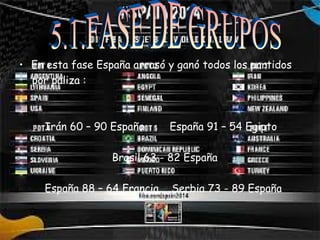 • En esta fase España arrasó y ganó todos los partidos 
por paliza : 
Irán 60 – 90 España España 91 – 54 Egipto 
Brasil 63 - 82 España 
España 88 – 64 Francia Serbia 73 - 89 España 
 