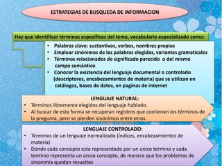 ESTRATEGIAS DE BUSQUEDA DE INFORMACION
Hay que identificar términos específicos del tema, vocabulario especializado como:
• Palabras clave: sustantivos, verbos, nombres propios
• Emplear sinónimos de las palabras elegidas, variantes gramaticales
• Términos relacionados de significado parecido o del mismo
campo semántico
• Conocer la existencia del lenguaje documental o controlado
(descriptores, encabezamientos de materia) que se utilizan en
catálogos, bases de datos, en paginas de internet
LENGUAJE NATURAL:
• Términos libremente elegidos del lenguaje hablado.
• Al buscar de esta forma se recuperan registros que contienen los términos de
la pregunta, pero se pierden sinónimos entre otros.
LENGUAJE CONTROLADO:
• Términos de un lenguaje normalizado (índices, encabezamientos de
materia)
• Donde cada concepto esta representado por un único termino y cada
termino representa un único concepto, de manera que los problemas de
sinonimia quedan resueltos
 