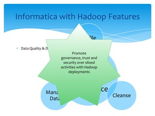 Data Quality & Data Governance
Informatica with Hadoop Features
Data
Quality &
Data
Governance
Profile
Cleanse
Manage
Data
Promote
governance, trust and
security over siloed
activities with Hadoop
deployments
 