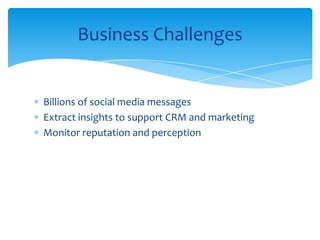 Billions of social media messages
Extract insights to support CRM and marketing
Monitor reputation and perception
Business Challenges
 