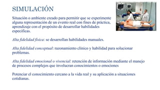 SIMULACIÓN
Situación o ambiente creado para permitir que se experimente
alguna representación de un evento real con fines de práctica,
aprendizaje con el propósito de desarrollar habilidades
especificas.
Alta fidelidad física: se desarrollan habilidades manuales.
Alta fidelidad conceptual: razonamiento clínico y habilidad para solucionar
problemas.
Alta fidelidad emocional o vivencial: retención de información mediante el manejo
de procesos complejos que involucran conocimientos o emociones
Potenciar el conocimiento cercano a la vida real y su aplicación a situaciones
cotidianas.
 