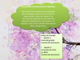 BUSQUEDA DE INTERVALOS DE NÚMERO
Esta función te permite buscar resultados
que contengan números de un intervalo
determinado. Basta con añadir a los
términos de búsqueda las dos cifras del
intervalo, separadas por dos puntos y sin
espacios. Esta función admite todo tipo de
cifras, desde fechas
Datos de entrada:
• Opción 1
Intervalo grande
numero de iteraciones
• Opción 2
Un punto de inicio
un delta
numero de iteraciones
 