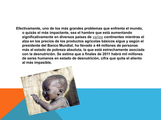 Efectivamente, uno de los más grandes problemas que enfrenta el mundo,
   o quizás el más impactante, sea el hambre que está aumentando
   significativamente en diversos países de varios continentes mientras el
   alza en los precios de los productos agrícolas básicos sigue y según el
   presidente del Banco Mundial, ha llevado a 44 millones de personas
   más al estado de pobreza absoluta, la que está estrechamente asociada
   con la desnutrición. Se estima que a finales de 2011 habrá mil millones
   de seres humanos en estado de desnutrición, cifra que quita el aliento
   al más impasible.
 