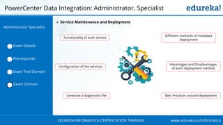 www.edureka.co/informaticaEDUREKA INFORMATICA CERTIFICATION TRAINING
PowerCenter Data Integration: Administrator, Specialist
Exam Details
Pre-requisite
Exam Test Domain
Exam Domain
➢ Service Maintenance and Deployment
Functionality of each service
Configuration of the services
Generate a diagnostics file
Different methods of metadata
deployment
Advantages and Disadvantages
of each deployment method
Best Practices around deployment
Administrator Specialist
 