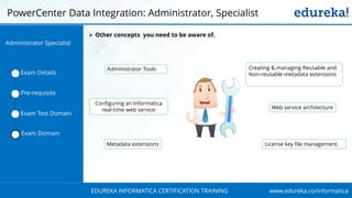 www.edureka.co/informaticaEDUREKA INFORMATICA CERTIFICATION TRAINING
PowerCenter Data Integration: Administrator, Specialist
Exam Details
Pre-requisite
Exam Test Domain
Exam Domain
Administrator Tools
Metadata extensions
Web service architecture
License key file management.
Configuring an Informatica
real-time web service
Creating & managing Reusable and
Non-reusable metadata extensions
➢ Other concepts you need to be aware of.
Administrator Specialist
 