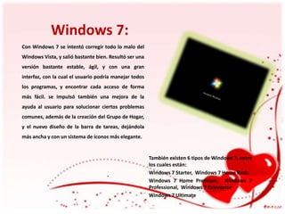 Windows 7:
Con Windows 7 se intentó corregir todo lo malo del
Windows Vista, y salió bastante bien. Resultó ser una
versión bastante estable, ágil, y con una gran
interfaz, con la cual el usuario podría manejar todos
los programas, y encontrar cada acceso de forma
más fácil. se impulsó también una mejora de la
ayuda al usuario para solucionar ciertos problemas
comunes, además de la creación del Grupo de Hogar,
y el nuevo diseño de la barra de tareas, dejándola
más ancha y con un sistema de íconos más elegante.

.

También existen 6 tipos de Windows 7, entre
los cuales están:
Windows 7 Starter, Windows 7 Home Basic
Windows 7 Home Premium. Windows 7
Professional, Windows 7 Enterprise
Windows 7 Ultimate

 