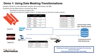 Demo 1: Using Data Masking Transformations
Company TixClub is a online ticket sales company, with annual revenue over $3B.
Customers can buy tickets online or at venue’s box office.
• Billing system for online sales is managed by SAP.
• Tickets sold at box offices are managed by WalkInTix, an affiliate company and Sales data is available on Netsuite
AcmeTix
WalkInTix
Corporate AcmeTix
Data Warehouse
Billing data
Billing data
Name Credit Card
#
Amount
Valeria
Dabrowski
4929 0533
0589 5913
374.29
Maybelle
Hemsley
4556 3317
6557 4065
115.67
Teressa
Mcfarland
5489 6809
5156 9597
1,249.02
Cathleen
Danzy
5457 6237
2650 4075
428,99
Name Credit Card # Amount
Colin Dabrowski 4929 0533 0589 5913 74.56
Mayola Poynor 4015 6068 4092 3162 538.94
Adelle Weil 4916 3657 9415 5660 47.98
Credit Card # Amount
4916 7946 8196 5805 448.85
4656 9260 6932 7870 115.67
5789 8272 6118 5453 1,249.02
5457 1528 2106 7245 428,99
4215 0071 9357 0958 538.94
4916 3657 9415 5660 47.98
Anonymized credit
card, keeping issuer
Masking of sensitive data did not impact the business
value of the data!
Potential data leak has been eliminated.
 